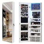 Vlsrka 47.2" LED Jewelry Mirror Cabinet, Wall/Door Mounted Jewelry Armoire Organizer with Full-Length Mirror, Large Capacity Storage Hanging Cabinet, 4 Drawers, 5 Shelves, Built-in Lighted Mirror