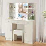 Vanity Desk with Large Storage Shelves, Mirror with Lights, Makeup Vanity Set with Drawers & Cabinet, 3 Lighting Color Adjustable, White