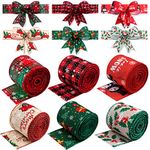 Kalolary 6 Rolls Christmas Wired Edge Ribbons, Buffalo Plaid Burlap Wired Ribbon Christmas Tree Snowflake Plaid Moose Snowmen Red Berries Wired Edge Ribbons Christmas Crafts Decoration Supplies