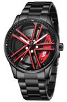 V2A Vortex-2 Wheel Series Men’s Analog Watch Open Dial Blue Watch – Car Wheel-Inspired Design, Hollow Out Elegance Casual Stainless Steel Watch for Men | Gift for Men (Black-Red)