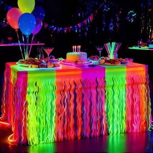 PIGETALE Glow in The Dark Party Supplies, 2 Pack Neon Fluorescent Wavy Metallic Tinsel Foil Fringe Table Skirts, 29.5x108 Inch UV Black Light Reactive Table Streamer Curtain Backdrop Party Decorations