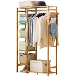 Ufine Bamboo Garment Rack 6 Tier Storage Shelves Clothes Hanging Rack with Side Hooks, Heavy Duty Clothing Rack Portable Wardrobe Closet Organizer