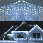 Icicle Christmas Fairy Lights Waterproof Outdoor/Indoor use. ICY Cool White 120 LED 4M Wide 24 Drops Plus a Massive 10M Lead Cable, 8 Modes, Low Safe Voltage