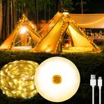 Camping String Lights 33FT/10M 100LED, Retractable String Lights for Camping, USB Rechargeable, Tent Lightings Camping Lights Waterproof IP65, for Outdoor, Indoor, RV, Garden, Patio, Warm White