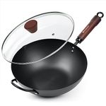 BIELMEIER 12.5“ Wok Pan with Lid， Versatile and Durable Carbon Steel Wok - Natural Non-Stick Woks and Stir Fry Pans, Flat Bottom Wok Suitable for All Cooktops - Perfect for Asian Cuisine…
