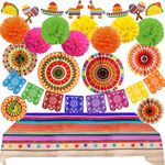 Recosis Fiesta Party Decorations, Multicoloured Tablecover Paper Fans Pompoms Decorations Mexicano Plastic Papel Picado Banner for Fiesta Mexican Cinco De Mayo Taco Birthday Party Supplies