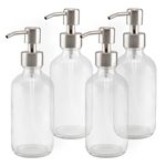 8-Ounce Clear Glass Boston Round Bottles w/Stainless Steel Lotion Pumps (4-Pack); Empty Refillable Liquid Soap & Lotion Bottles