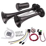 AOLIHAN Train Horns Kit for Trucks, Super Loud Car Air Horn 12V 150db, Truck Horn Dual Trumpet Motorcycle Train Horn with Compressor for Any 12V Vehicles (black double tube horn with wire, 12v)