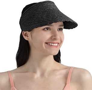 SUN CUBE Women Sun Visor Hat, Straw Beach Hat Wide Brim Visor UV Protection, Foldable Packable Cap, Roll Up Ponytail Large Sunhat, Summer Travel Golf Visor Pool Garden Fishing, UPF 50+, Black