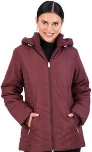 Jones NY Women's Puffer Jacket Zippered Removable Bungee Hood Womens Winter Coat, Ruby Port - XXL