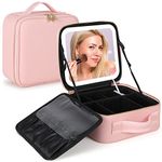 vbpesi Travel Makeup Bag With Light Up Led Mirror Portable Cosmetic Train Case With Adjustable Dividers Makeup Organizer Bag Storage Box For Women Rechargeable 3 Color Lights, Pink