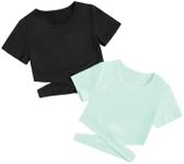 Milumia Girl's 2 Piece Cut Out Crisscross Tee Crop Tops Short Sleeve Round Neck T Shirts Green and Black 11-12 Years