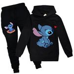 Kids Stit-chs Hoodies Casual Tracksuit Sets Cartoon Sweatshirt and pant Jogging Suits for Girls Boys Black 7-8 Years