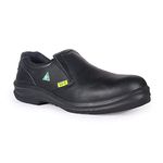 KPR Men's Women's O-807 CSA Approved Microfibre Faux Leather Green Triangle Slip Resistant Slip-on Comfort Vegan Safety Loafer Clogs Shoes,Black Men's US 8.5