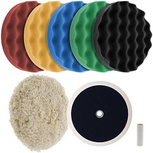 Ultimate 6 Pad Buffing and Polishing Kit with 6-8" Pads; 5 TCP Global Waffle Foam & 1 Wool Grip Pads and a 5/8" Threaded Polisher Grip Backing Plate