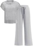 ANRABESS Women Two Piece Outfits Crochet Sheer Knit Sweater Top Wide Leg Pants Lounge Matching Sets Sweatsuit Travel Clothes Light Grey Large