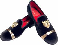 Justar Men's Velvet Loafers Slippers with Gold Buckle Wedding Dress Shoes Slip-on Smoking Flats (10, Black)