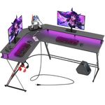 SEVEN WARRIOR L Shaped Gaming Desk with LED Lights & Power Outlets, 58” Computer Desk with Monitor Stand, Corner Desk with Carbon Fiber Surface, Gaming Table with Hooks, Black