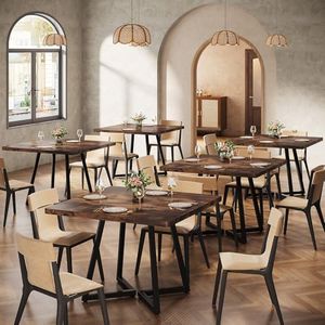 Tribesigns Square Dining Table Set of 6, 31.5" Farmhouse Dinner Table with Metal Base, Wood Kitchen Table for Dining Room, Small Space, Apartment, Rustic Brown & Black