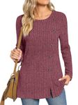 TAOHUADAO Women's Long Sleeve Jumpers Crewneck Tunic Tops with Button Sides Loose Casual Fall Sweater Shirts for Leggings L, Wine Red