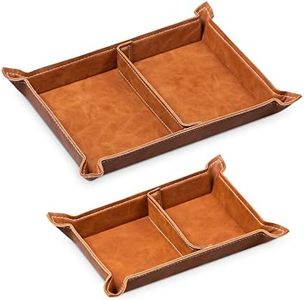 Navaris Faux Leather Tray Set - 2 Valet Organizer Trays for Bedside Table Desk with Dividers- Store Keys, Change, Wallet, Phone, Glasses - Brown