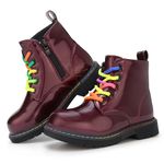 Hawkwell Girls Boys Combat Ankle Boots Side Zipper Work Boots with Rainbow Lace Up,Burgundy Patent PU,13 M US Little Kid