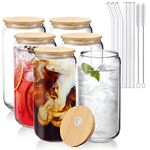 OVHayi Glass Cups with Bamboo Lids, 16oz Glasses Drinking Set 6pcs, BeerCan Shaped Glass Cups, Iced Coffee Cup,Drinking Glasses for Juice, Tea, Coke, Martini, Gift-Cleaning Brushes and Glass Straw