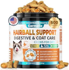 Carmelie Hairball Treatment for Cats, Hairball Remedy Cat Treats, 500 Count | with Psyllium Husk, Pumpkin, Omega-3 Fish Oil, Digestive Support, Chicken and Krill Flavor, for All Breeds and Ages