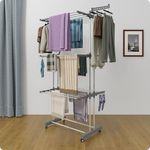 Amiraj 3 Tier 2-Pole Premium Heavy-Duty Stainless-Steel Clothes Drying Stand with Wheels | Foldable Laundry Rack with Sock Holder | Indoor & Outdoor Cloth Dryer for Balcony, Terrace & Home - Gray