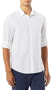 Perry Ellis Men's Slim Fit Roll Sleeve Solid Linen Cotton Button-Down Shirt (Size Small-Xx-Large), Bright White, Medium