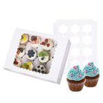 LONGTEAM 15-Set Cupcake Boxes Hold 12 Standard Cupcakes, Food Grade Cupcake Holders Bakery Carrier Boxes with Windows and Inserts for Cupcakes, Muffins and Pastries (White-15 Pack)