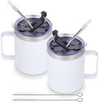 Volhoply 12oz Insulated Leakproof Coffee Mug with Sliding & Straw Lid Bulk 2 Pack,Double Wall Vacuum Stainless Steel Travel Tumbler Cup with Handle,Reusable Camping Mugs Keep Cold/Hot(White,2 Set)