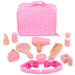 Bigjigs Toys Wooden Kids Vanity Case - 11 Piece Vanity Kit & Accessories with Pink Polka Dot Carry Bag, Ideal Pretend Play Toy & Gift for Girls