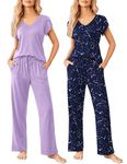 Ekouaer 2 Pack Womens Pajamas Short Sleeve Sleepwear Top with Pants Super-Soft Printed Lounge Sets S-XXL