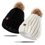 FVXYnnv 2 Pack Women Winter Pompom Hats Black White, Knitted Beanie Hat Snow Skull Ski Cap with Thick Soft Warm Fleece Lined