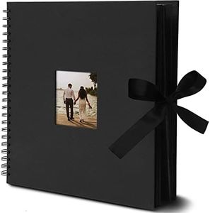 Juvale Black 12x12 Scrapbook Album with Silk Ribbon, Cover Window, Spiral Bound Photo Book for Wedding, Anniversary (80 Pages)