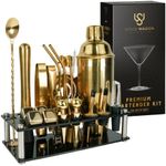 Mixology Bartender Kit – 24 Piece Gold Cocktail Shaker Set w/Stand – Essential Home Bar Accessories Martini Shaker, Jigger, Muddler, Chilling Cubes & More