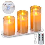 LTETTES Rechargeable Led Glass Pillar Flameless Real Unscented Wax Candles|Premium Tinted Amber Glass|Remote Controller,Usb Type C Wireless Charding Pad For Home Decor Set Of 3(H-4",5",6" X D-3")