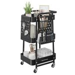 SONGMICS 3-Tier Storage Cart, Rolling Utility Cart, Metal Mesh Shelves, 2 Removable Pegboards, 2 Hanging Holders, 4 Hooks, Craft Cart for Living Room, Kitchen, Office, Bathroom, Ink Black ULRC037B01