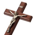 ARCHOBAN Crucifix Wall Cross Catholic, 12 Inch Wooden Cross with Jesus Christ for Home Decor - Brown + Antique Brass