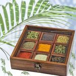 UMAAS® Spice Box for Kitchen With 2 Spoons/Sheesham Wooden Table Top Masala Dabba 9 Containers Jars & Kitchen Spice Box/Masala Box For Kitchen (Removable Partitions, Brown), ANC*78