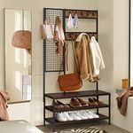 Hall Tree with Shoe Bench, Coat Rack with 10 Hooks Hallway Entryway Storage Garment Stand Display Shelf Hanger Industrial Style Black & Brown 186x100x40cm