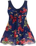 wantdo Women's Plus Size Swimdress Floral Printed Bathing Suits Beach Wear Navy Red US 26-28