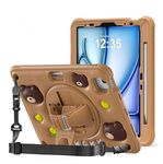 ProElite Cover for iPad Air 11 M3/M2 2025/2024/ Pro 11 4th/3rd Gen/Air 5/4 Gen 10.9 inch Case, Tough Bubble Kids Case with Pencil Holder with Rotating Kickstand & Shoulder Strap, Brown
