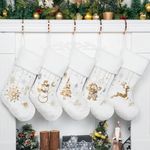 GEX Christmas Stockings 6 Pack for Family 20" Large Embroidered Luxury White Velvet with Gold Sequins Hanging Ornament Decorations for Fireplace Xmas Season (Set of 5)