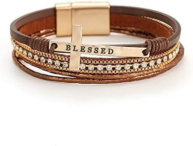 Bohemian Faux Leather Wrap Multi Layer Statement Bracelet Cross Christian Religious Leatherette Cuff Crystal Rhinestone Metallic Bead Inspirational Bracelets, no gemstone