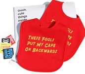 Baby Moo's 2 Funny Baby Bibs Gift Set | THESE FOOLS PUT MY CAPE ON BACKWARDS | Superhero Baby Bibs [0-3 Years Boys/Girls] Baby Shower, New Parents or Twin Gifts (2 Bibs + Extras)