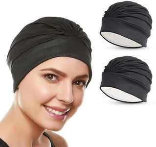 Beemo Swim Caps for Women Swimming Turban Polyester Latex Lined Pleated for Ladies-2pk Blk/BLK