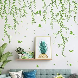 Hanging Willow Branch Wall Stickers DIY Green Vine Leaf Plant Wall Decals Peel and Stick Grass Birds Butterfly Art Mural Decortions for Kids Baby Girls Nursery Bedroom Living Room Offices Classroom