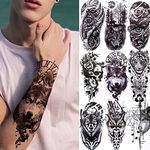 9 Sheets Half Arm Temporary Tattoos Stickers,Lion Tiger Sleeve Fake Tattoos for Men or Women,Long Lasting Scary Skull Wolf Fake Tattoo Stickers